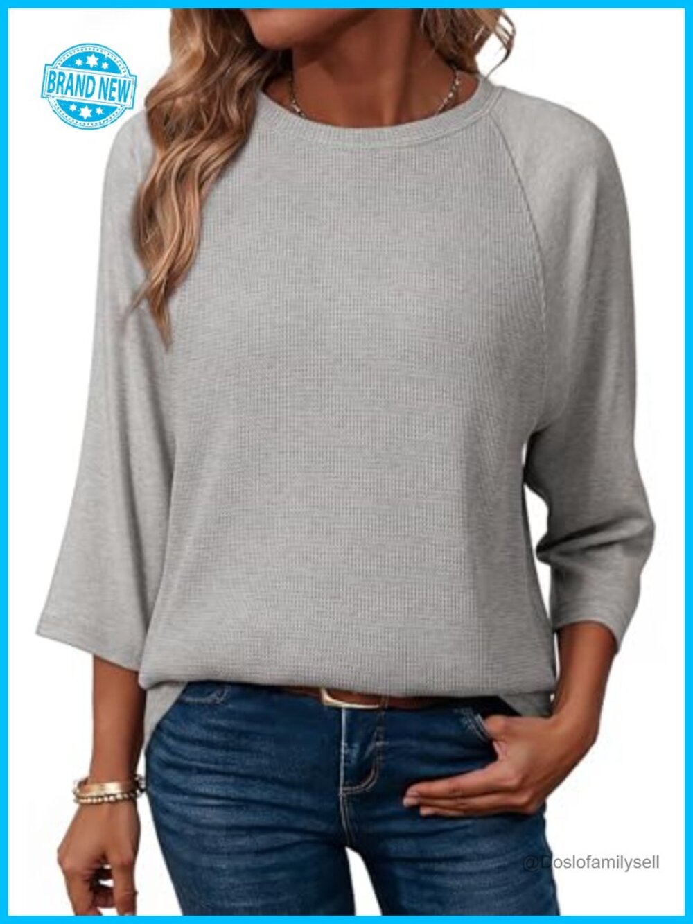 Waffle Knit Top 3/4 Raglan Sleeve crew neck loose fit women